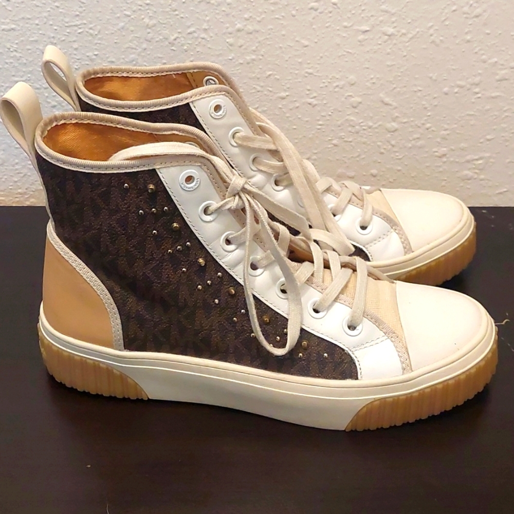 Michael Kors Cream and Brown High-Top Sneakers with Monogram